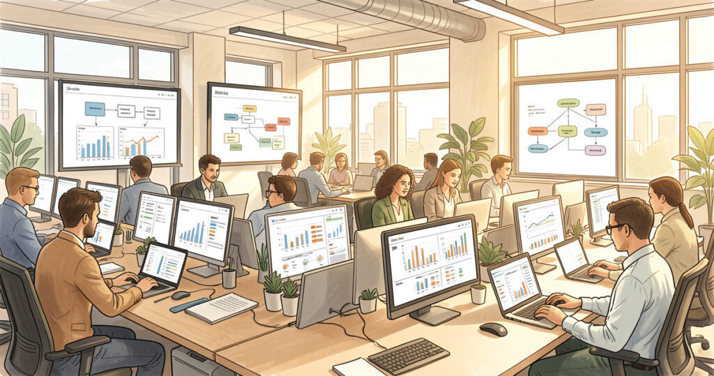 Équipe en open space travaillant sur des workflows IA opérationnels en 2026