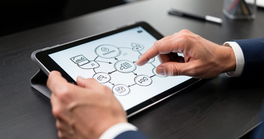 Mains interagissant avec un diagramme de workflow IA sur tablette tactile