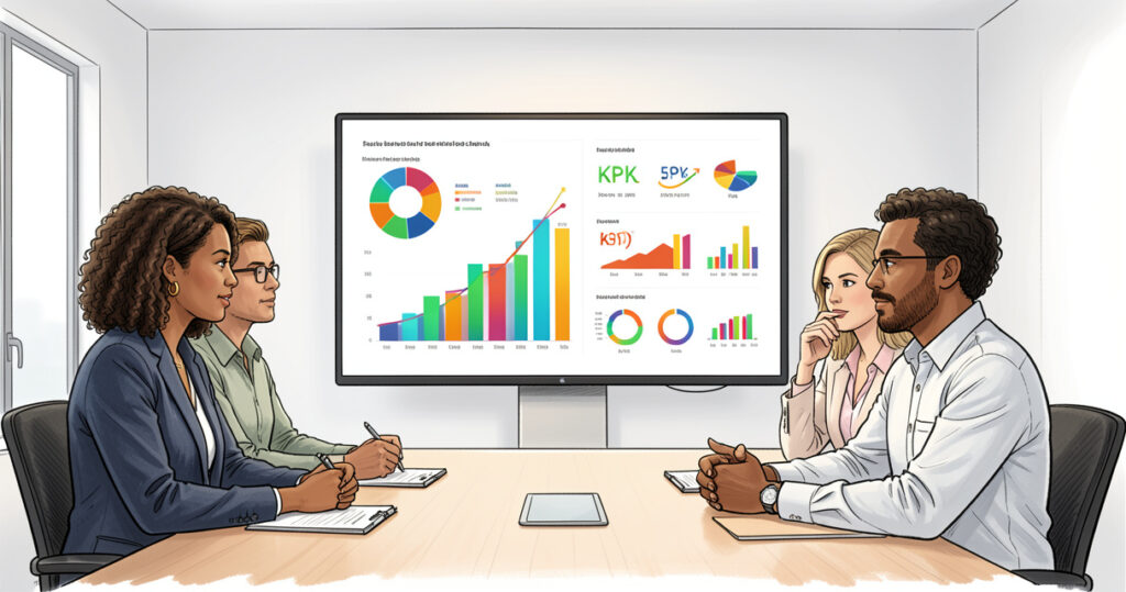 Collaborateurs analysant des KPIs IA sur écran en salle de réunion moderne