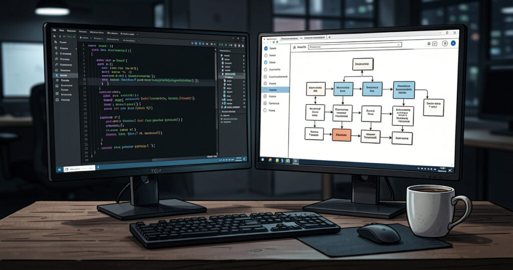 Bureau développeur avec interface d'automatisation no-code workflow IA ouverte