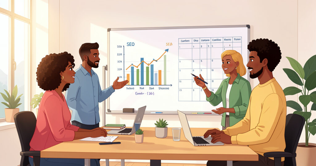 Une équipe marketing analyse les performances de contenu généré par IA dans une réunion