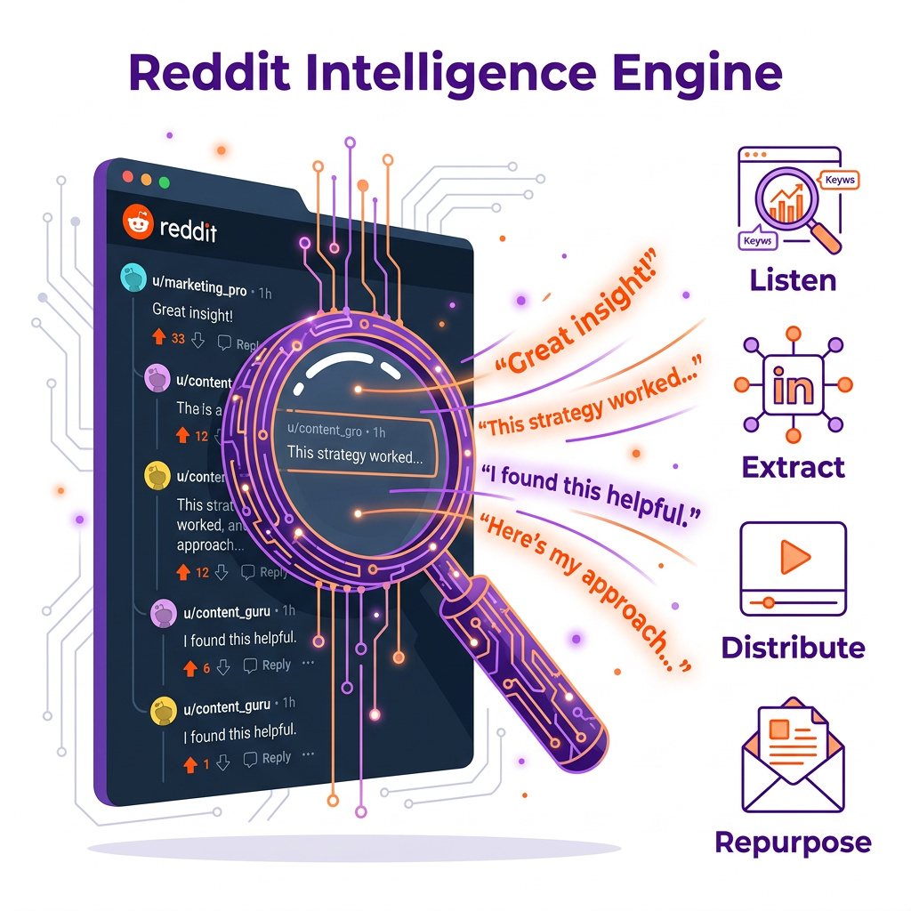 Infographie : Focus en priorité sur Reddit comme canal de distribution, d’analyse d’audience et d’extraction de VoC. Analyser les use cases IA récents et concrets pour : - identifier les bons subreddits selon l’ICP - comprendre les codes de chaque communauté - extraire les pain points, objections, questions récurrentes et wording exact - transformer ces insights en contenus natifs Reddit - adapter ensuite ces contenus vers SEO, LinkedIn, YouTube, Twitter/X et newsletters Inclure ChatGPT, Claude, Perplexity, agents IA, outils de scraping/analyse Reddit, repurposing intelligent et adaptation multi-canal. Mettre l’accent sur les gains business : meilleure compréhension marché, contenu plus pertinent, distribution plus naturelle, plus de confiance, moins de duplication. Prioriser les exemples applicables par un SaaS, consultant, créateur, marketer ou équipe growth. Éviter les définitions basiques et les conseils de spam. Reddit doit être traité comme un moteur d’intelligence marché avant d’être un canal de promotion.