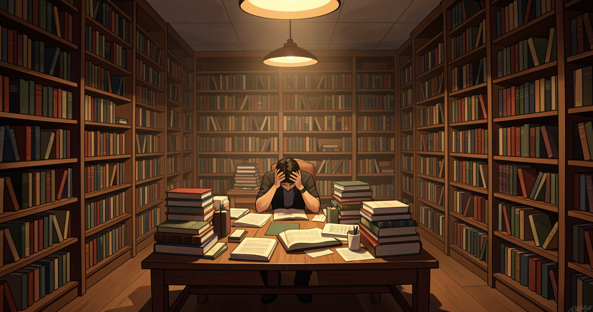 Lecteur entouré de livres et submergé par l'analyse excessive
