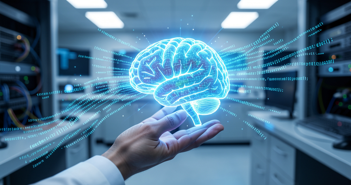 Main humaine interagissant avec cerveau numérique IA, concept de familles d'agents intelligents