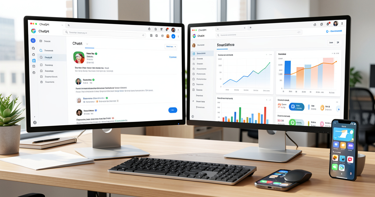 Bureau d'entrepreneur avec écrans IA générative et IA analytique, outils agents IA modernes