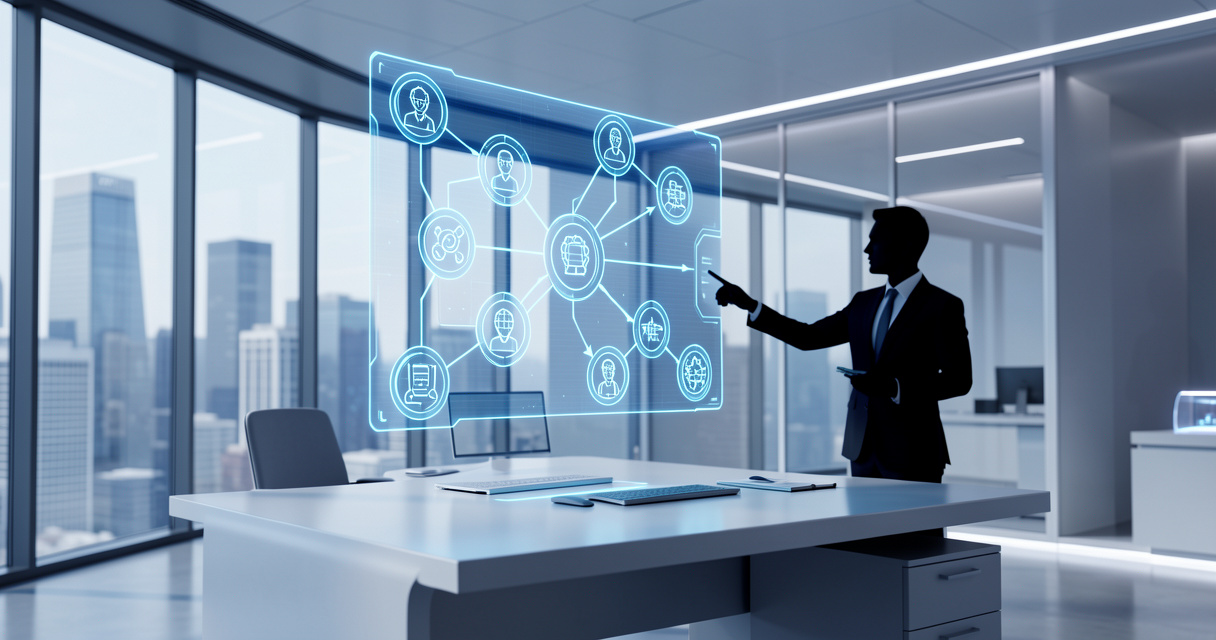 Hologramme de workflow agentique flottant au-dessus d'un bureau intelligent, automatisation IA