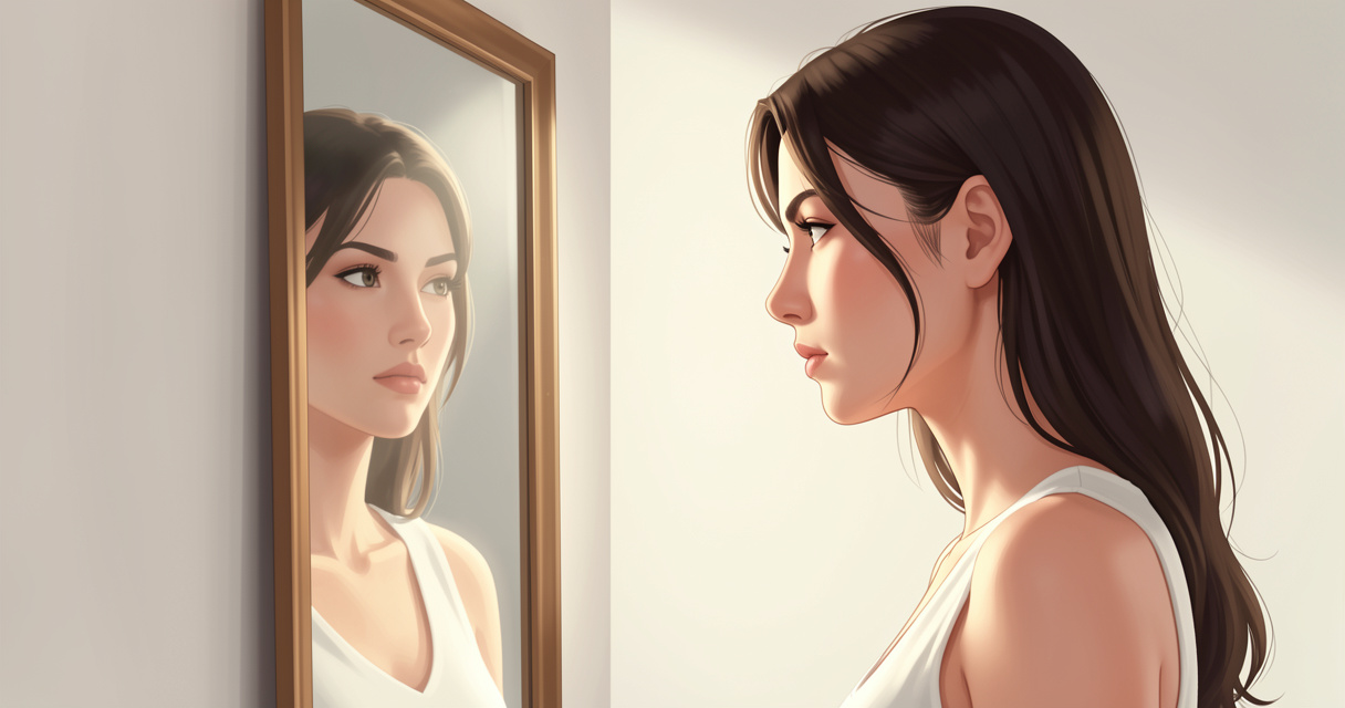 Femme regardant son reflet dans un miroir, habitude mentale de fixer des objectifs identitaires pour la performance