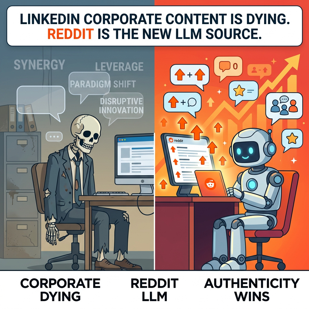 Infographie : Pourquoi les contenus ‘corporate LinkedIn’ meurent… alors que Reddit devient une source Google + LLM.