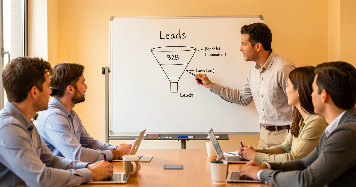 Équipe en réunion devant un tableau avec un entonnoir de leads B2B