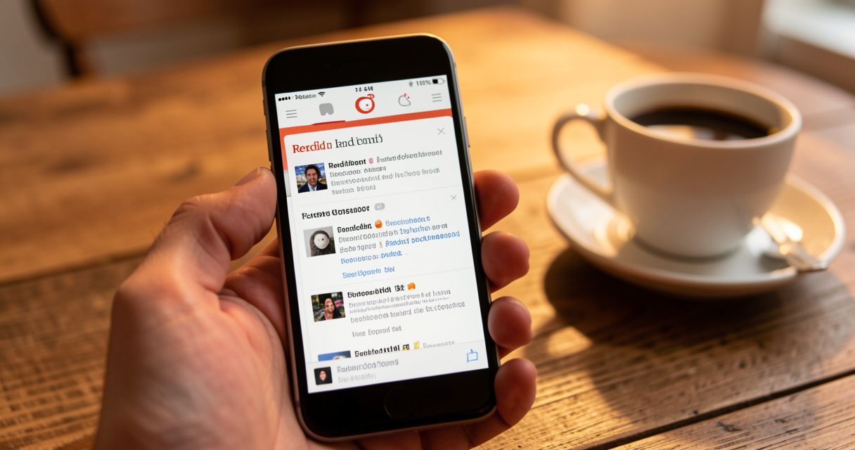 Visibilité sur Reddit : main tenant un téléphone avec l'interface Reddit et une tasse de café