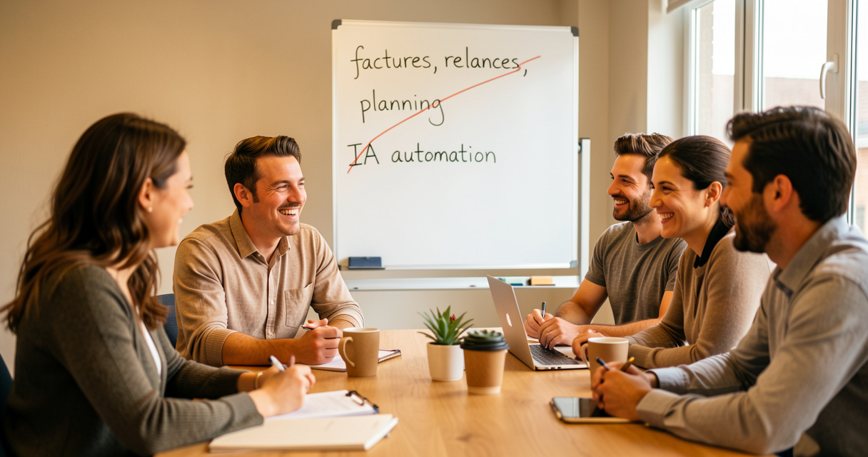 Équipe PME réunie autour d'un tableau blanc listant les tâches à automatiser avec l'IA